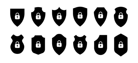 Set of shield icons with padlock symbols in black and white. This collection features vector shield shapes with lock elements, ideal for security, privacy, and protection themes.