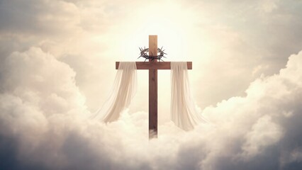 Wooden Cross with Crown of Thorns and White Cloth among the Clouds - Concept of the Ascension Day of Jesus Christ