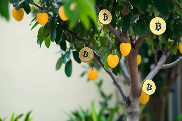 A conceptual representation of investment growth, showcasing a tree with digital currency coins and fresh fruit, symbolizing a profitable virtual harvest and financial success