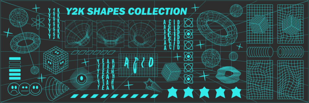 Abstract geometry hud wireframe shapes and patterns, cyberpunk elements, icon s and perspective grid s. Surreal geometric signs. Rave psychedelic futuristic Y2k acid aesthetic set. Vector illustration