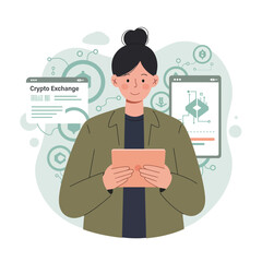 Woman using tablet for crypto exchange technology and digital currency trading illustration