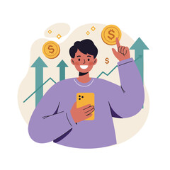 Young person holding smartphone with rising coin symbols and financial growth arrows vector illustration 