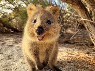 Obraz premium Adorable Quokka in natural habitat, smiling sweetly, representing happiness and Australian wildlife. Perfect for tourism promotion, animal conservation, and educational content.