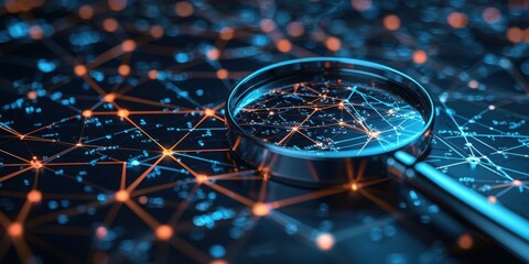 Magnifying glass over a digital network with glowing nodes.