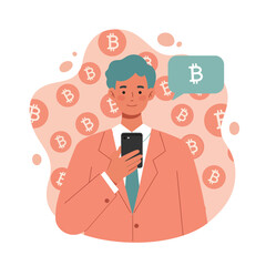 Man using smartphone for bitcoin cryptocurrency digital currency transaction illustration in coral and teal colors