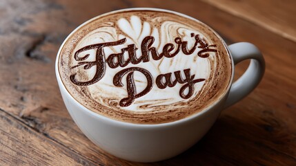 A cappuccino with a beautifully crafted Father's Day message on the foam, surrounded by ample space on a rustic wooden table for personalized text, ideal for Father's Day promotions