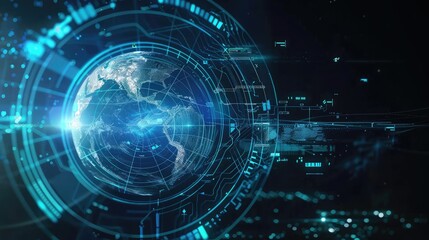 Global network map with high-tech digital interface ,A vibrant digital map of the Earth glows with interconnected network points, illustrating global connections and data flow