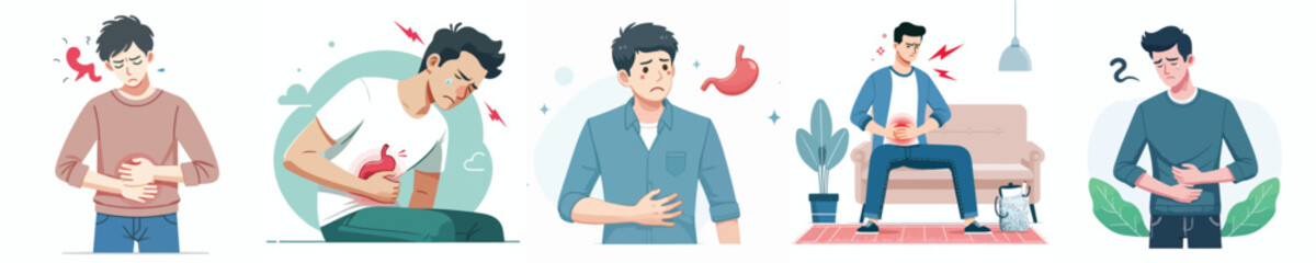 flat design vector collection of a young man with stomachache