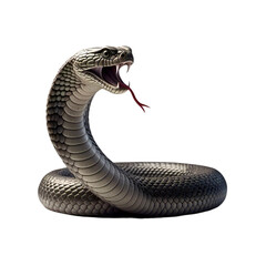 Fototapeta premium King Cobra Snake with Hood Spread – Striking Pose and Detailed Scales Isolated on White