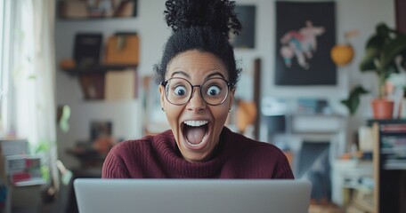 An Afro-American girl at the computer with a shocked expression because she won a prize.