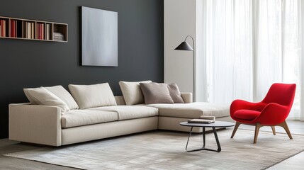 Light fabric sofa, bold red chair, dark toned walls, layered textiles, cinematic interior depth in compact zone