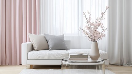Milky white sofa, dusty pink curtain, transparent table, soft fabric decor, cozy modern small room