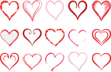 Romantic vector hearts with scribbled lines, brush outlines, hand-drawn styles, love symbols, Valentine clipart, wedding decorations, red and pink art, and digital sketch elements.