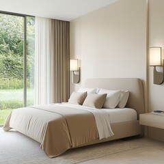 modern bedroom, fabric headboard, wall sconces, soft warm light, light beige bedding, layered sheer curtains, garden view