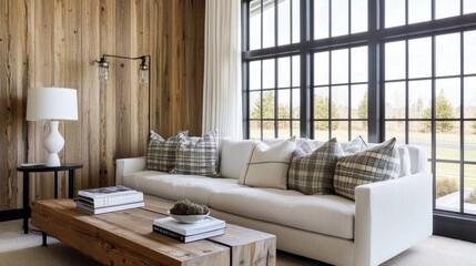 Fototapeta premium Modern country mix, structured sofa, rustic wood walls, clean lines, ceramic accents, soft plaid touches