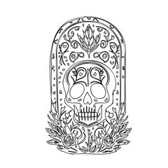 Ornate Skull with Roses and Decorative Tombstone