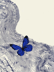 Monochrome Minimalist Magazine Cover with Blue Porcelain Butterfly and Ripple Effect in Japanese Retro Style

