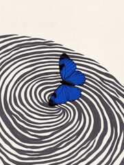 Monochrome Minimalist Magazine Cover with Blue Porcelain Butterfly and Ripple Effect in Japanese Retro Style


