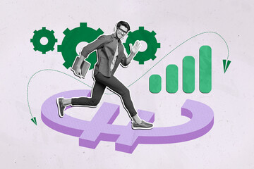 Composite art 3d creative image collage of happy businessman businesswoman run euro currency income...
