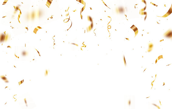 Falling shiny golden confetti isolated on transparent background. Anniversary or birthday design template. Shiny carnival decoration