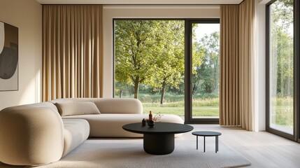 Obraz premium Sand colored sofa, wine curtain, light floor, black round table, compact room, full window to quiet tree lined street
