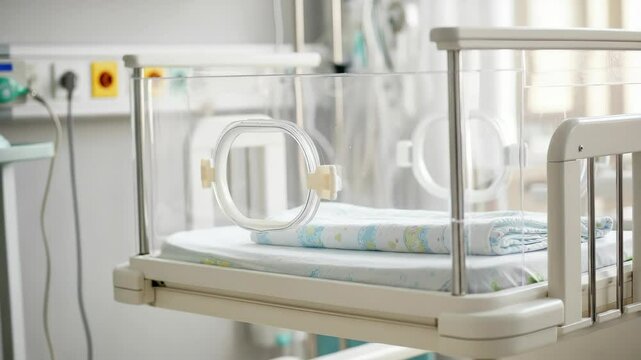 Empty hospital neonatal bed with blanket inside room