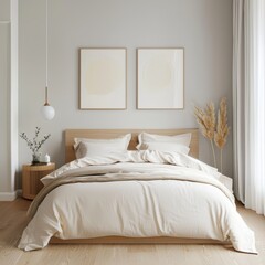 scandinavian classic bedroom, pastel linen, soft wood textures, cinematic light, centered view, cozy calm design, visual harmony
