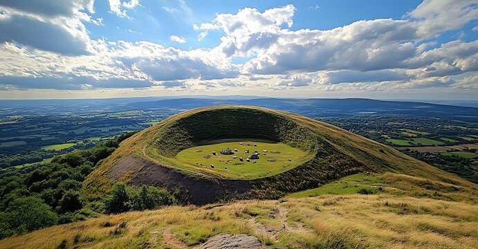Scenic View of British Camp Hillfort with Grass Stones and Cloudy Sky in Malvern