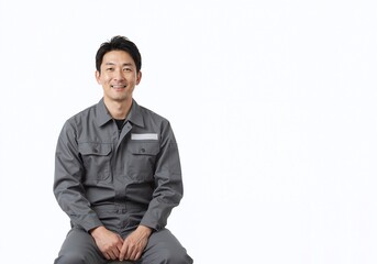 Smiling Asian Man in Work Uniform Sitting on a Stool, Isolated on White Background.