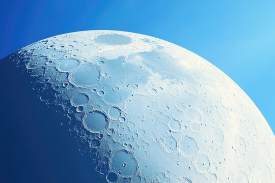 Full moon's cratered surface against a vibrant blue sky.
