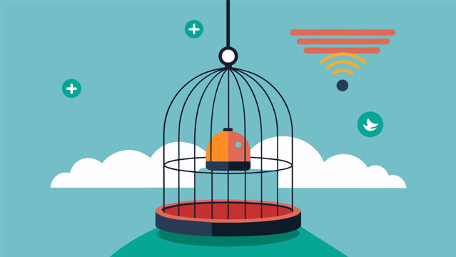 A bird cage with builtin sensors that detect when your bird needs more food or water ensuring their basic needs are always met.. Vector illustration