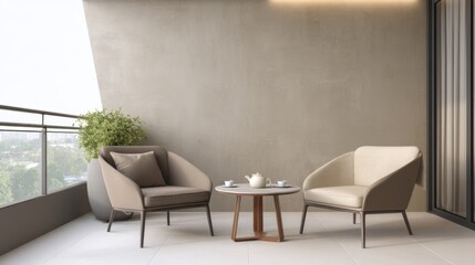 small mocha balcony full view, two taupe lounge chairs, soft beige wall, round table, matte floor, ambient wall light, cozy peaceful setting
