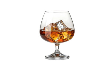 Amber liquid in a brandy snifter ice cubes melting slowly elegant glass on white background refreshing drink sophisticated beverage clear glass chilled liquor amber hue crystal glass liquor glass
