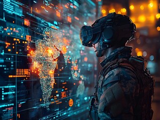 Futuristic soldier in tactical VR headset surrounded by holographic mission data