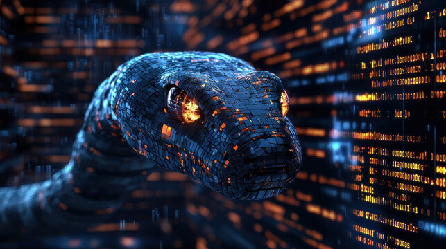 digital snake made of code with glowing eyes in virtual space