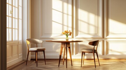 Sophisticated dining nook, sculptural table, warm glow, molding shadow play, elegant tone