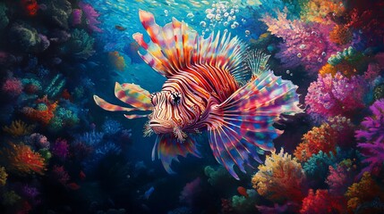 Vibrant Rainbow Lionfish Underwater Painting Colorful Ocean Reef Tropical Fish Art Stunning Detailed Aquatic Life Vivid Colors Marine Wildlife Sea Creature Artistic Illustration Coral World Image     
