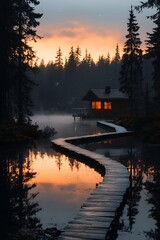 Fototapeta premium Cabin Lakeside Sunrise
