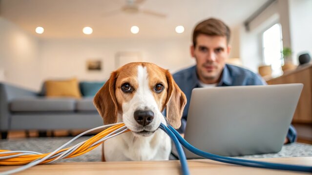 Cute beagle dog holding colorful cables in mouth while man works on laptop in cozy living room interior