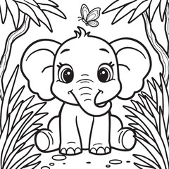 Naklejka premium Coloring page for liitle kids with a cute Elephant in the jungle