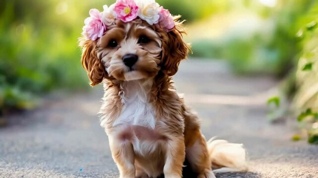 Adorable Cavapoo Puppy with Flower Crown in Sunny Garden