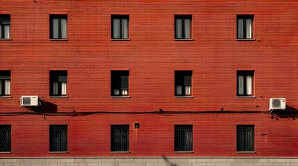 Obraz premium Frontal View Of Red Urban Street Wall Dynamic Cityscape Element Architectural Facade Design Construction Material Exterior Surface Vibrant Color Texture lowercase 