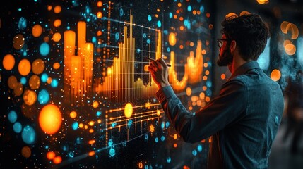 Businessman analyzing data on interactive wall