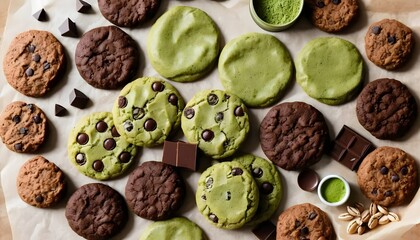Assorted Delicious Matcha and Chocolate Chip Cookies on Parchment Paper