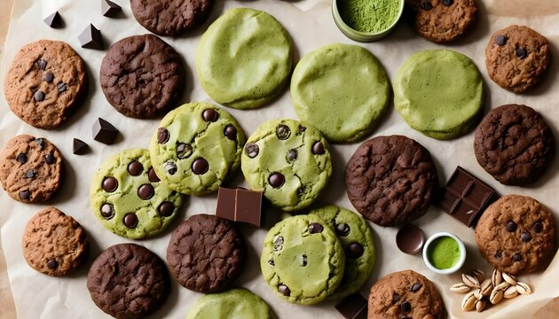 Assorted Delicious Matcha and Chocolate Chip Cookies on Parchment Paper - Powered by Adobe