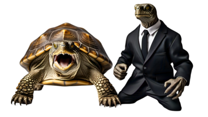 Snapping Turtle with Mouth Open – Aggressive Wildlife Pose Isolated on White Background