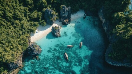 Secluded Tropical Cove: Turquoise Waters, Boats, and Lush Green Cliffs