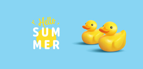 Hello summer. Yellow realistic plastic ducklings floating on water. Modern banner for vacation, relaxation, and resort concepts. Vector illustration.