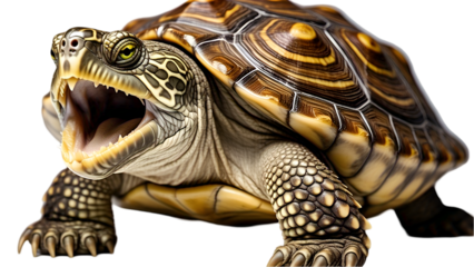 Snapping Turtle with Mouth Open – Aggressive Wildlife Pose Isolated on White Background