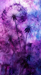 Ethereal Giant Dandelion Seed Heads in Purple Alcohol Ink Abstract.

